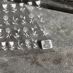 5D embossed white rose nail stickers with ultra-thin texture and floral patterns