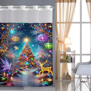 Detail of Christmas shower curtain featuring metal ring grommets and reindeer forest print