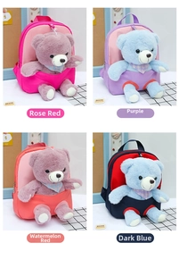 Four colorful kids backpacks with cute teddy bears featuring plaid scarves detail