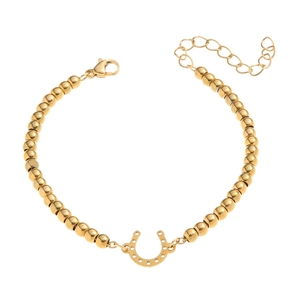 Detail of 18K gold-plated bead bracelet with horseshoe pendant and adjustable lobster clasp