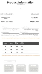Size guide for low waist khaki trousers showing measurements for S, M, and L sizes