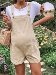 Maternity Bib Shorts Cotton Linen Adjustable Waist Breathable Casual Overall Shorts For Pregnant Women With Pockets