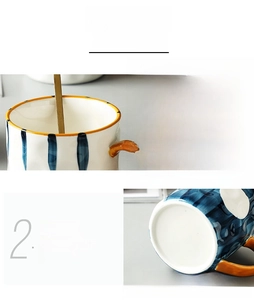 Detail of round cup rim and non-slip unglazed bottom on ceramic striped mug