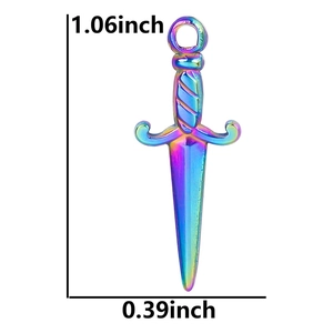 Rainbow plated stainless steel dagger pendant with precise dimensions 1.06 by 0.39 inch