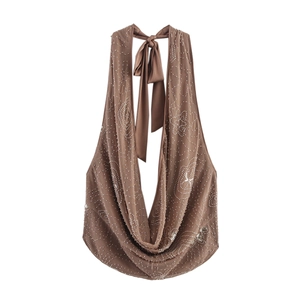 Brown mesh halter top with beaded floral sequins and neck tie for music festivals