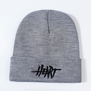 Grey knitted cuffed beanie with black HEART letter embroidery in casual street style