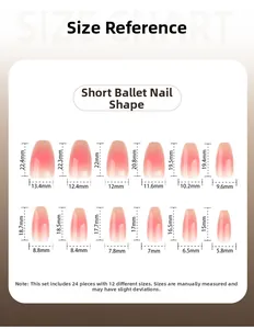 Size chart showing 12 dimensions for short ballet shape pink gradient press-on nails