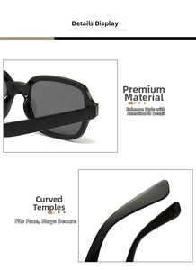 Detail of square black sunglasses showing ergonomic temples and glossy frame finish