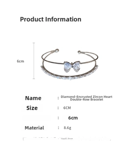 Detail view showing dimensions and materials of the zircon bow heart double-row bracelet