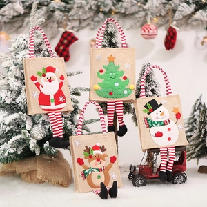 Sacchetto Regalo di Natale in Iuta Con Gambe Lunghe a Righe Babbo Natale Pupazzo di Neve Renna Albero 3D Applique Borsa Festiva