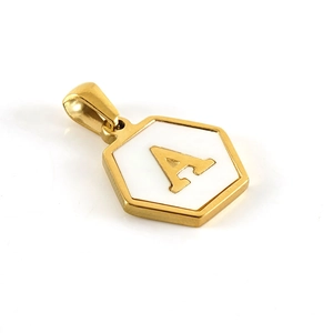 18k gold plated hexagon pendant with white inlay and golden letter A charm