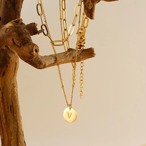 Gold double-layered necklace with V-letter pendant hanging on a natural branch