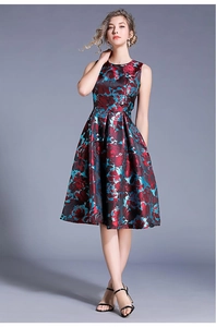 Detailed close-up of retro floral pattern on slim waist sleeveless satin dress