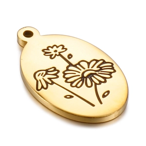 Pendentif ovale doré en acier inoxydable avec marguerite gravée pour bijoux DIY