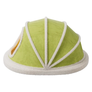 Cama para gatos semicerrada de felpa suave en color verde aguacate y blanco cálido