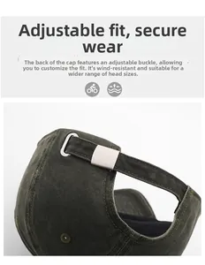 Close-up of the adjustable silver metal buckle on olive green denim baseball cap