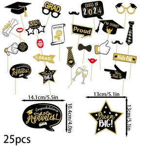 Detailed dimensions for 25-piece black and gold graduation party photo booth props set