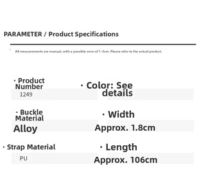 Detailed view of women's 1.8cm PU leather belt with dimensions and alloy buckle specs