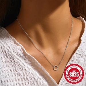 S925 Sterling Silver geometric circle necklace with pavé diamonds for women