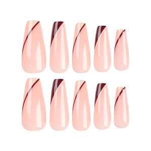 Coffin press-on nails set with nude pink and burgundy geometric stripes design