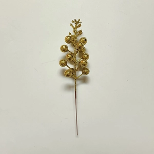 Detailed view of artificial gold glitter berries picks for DIY Christmas tree decor