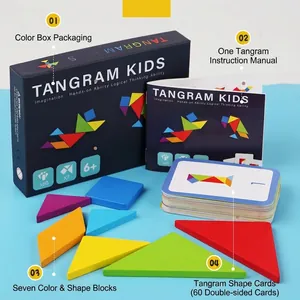 Kids wooden colorful tangram puzzle set with 60 challenge cards and a storage gift box