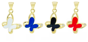 Detailed macro view of butterfly pendants with colorful enamel inlay and gold plating