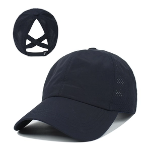 Navy blue ponytail baseball cap with breathable mesh and cross elastic band design