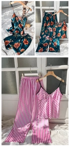 Floral satin pajama set with camisole and matching trousers in emerald green and pink stripes