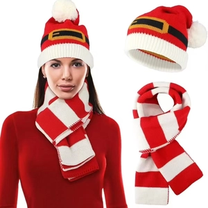 Christmas Knitted Hat Scarf And Gloves Acrylic Striped Elf Style Festive Winter Warm For Adults