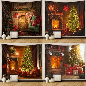 Christmas Tapestry Polyester Fireplace Tree Print Wall Hanging For Bedroom Living Room Festive Photography Background Decor