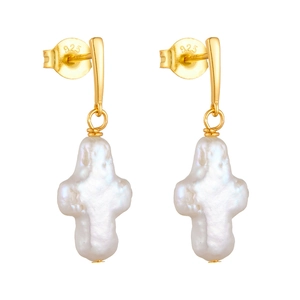 Elegant 925 sterling silver cross earrings with natural white baroque pearls for women