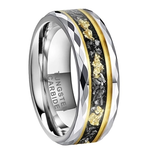 Men's tungsten carbide ring with faceted texture, black inlay and gold leaf accents