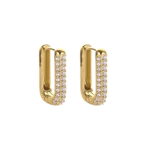 U-shaped gold huggie earrings with double rows of pavé cubic zirconia gemstones