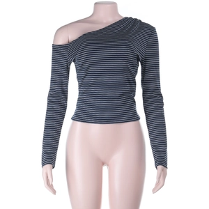 Detail of blue and white striped off-shoulder long sleeve slim-fit knitted top