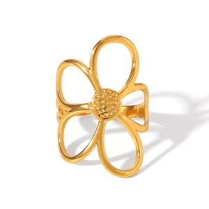 Minimalist gold flower stainless steel open ring with intricate hollow petal design