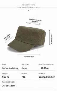 Detailed view of army green flat top military cap with dimensions and fabric specs