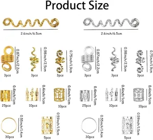 Detailed size chart for spiral coils and alloy cuffs hair accessories in gold and silver