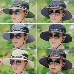 Multiple colors of men's outdoor sun hats featuring windproof ropes and Tornado F-14 logos