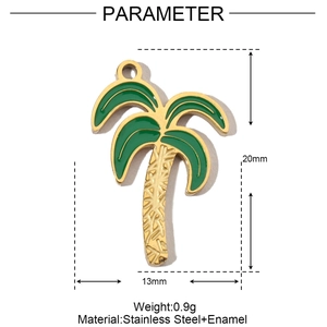 Macro view of coconut tree pendant in gold stainless steel and green enamel with dimensions