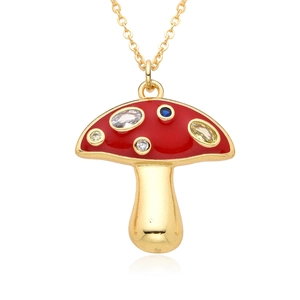 Detail of mushroom pendant with red enamel, colorful cubic zirconia and gold-tone chain