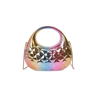 Iridescent candy color crossbody bag with quilted shell design and metal chain strap