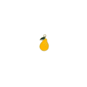 Macro detail of a small pear shaped alloy pendant with yellow and green enamel finish