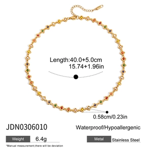 Detail of gold stainless steel floral necklace with 0.58cm multi-colored flower beads