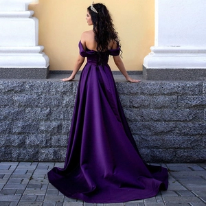 Elegant deep purple satin off-the-shoulder evening gown with a long A-line train