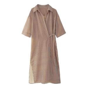 Striped Shirt Maxi Dress Polyester V-Neck Wrap Tie Waist Long Sleeve Casual Elegant Loose Slit Long Dresses For Women