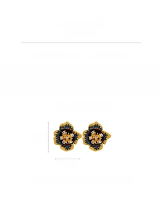 Detail view of flower earrings with blue enamel, crystals, and silver needle dimensions