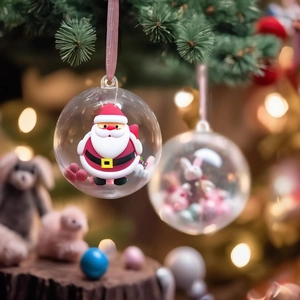 Detail of transparent Christmas ball with Santa figurine and pink festive ornaments