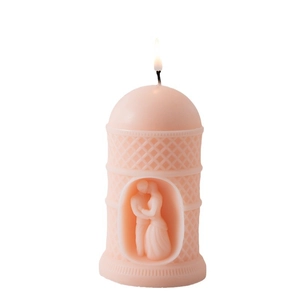 Pink pillar scented candle with romantic couple relief and elegant diamond texture