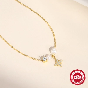Elegant S925 sterling silver gold necklace with white pearls and a sparkling star pendant